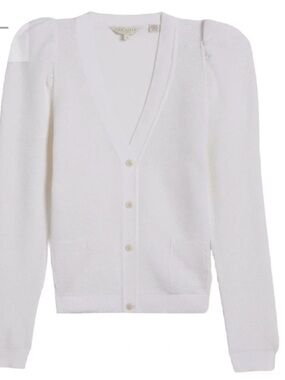 Ted Baker White V-Neck Button Cardigan with Puff Shoulders